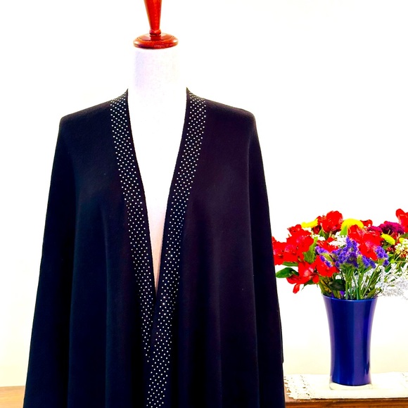🌹Calvin Klein Open-front Knit Poncho w/Rhinestone Decor, One Size, Black/Silver - Picture 2 of 7